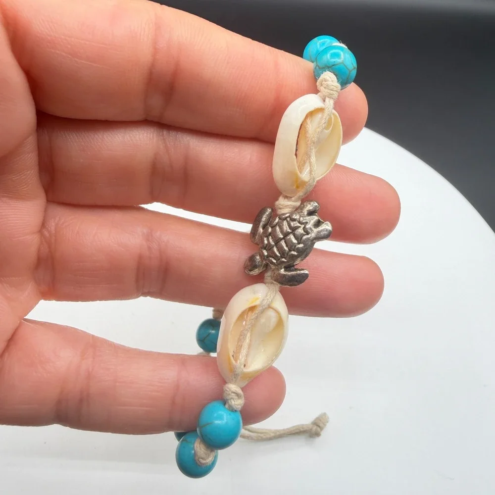 Boho Sea Turtle Bracelet Blue Beads Cowrie Shell Adjustable Beach Surfer Gift